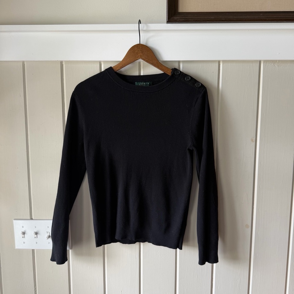 Lauren Ralph Lauren Black Ribbed Lightweight Sweater, Elbow Patches, Size Large